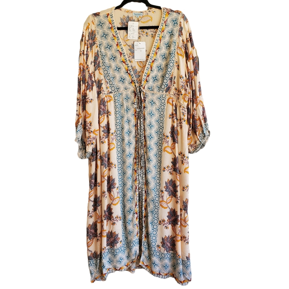 Nostalgia Floral Kimono Boho Bohemian Lace Turquoise Peach Mustard Size Medium